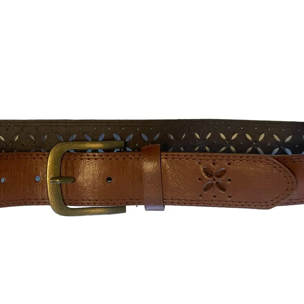 Brown Embossed Diamond Floral Faux Leather Belt Womens Small Gold Buckle Boho